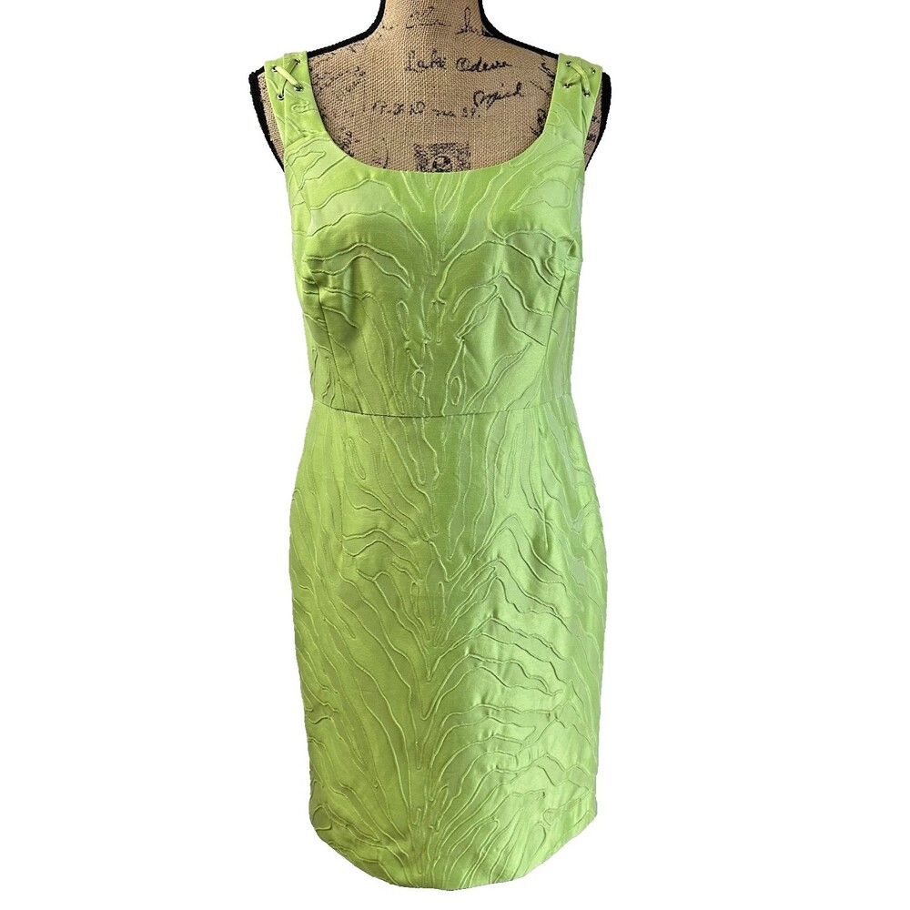 Per Se Lime Green Silk Cotton Textured Sleeveless Bodycon Knee-Length Dress Sz 4 - Picture 1 of 16